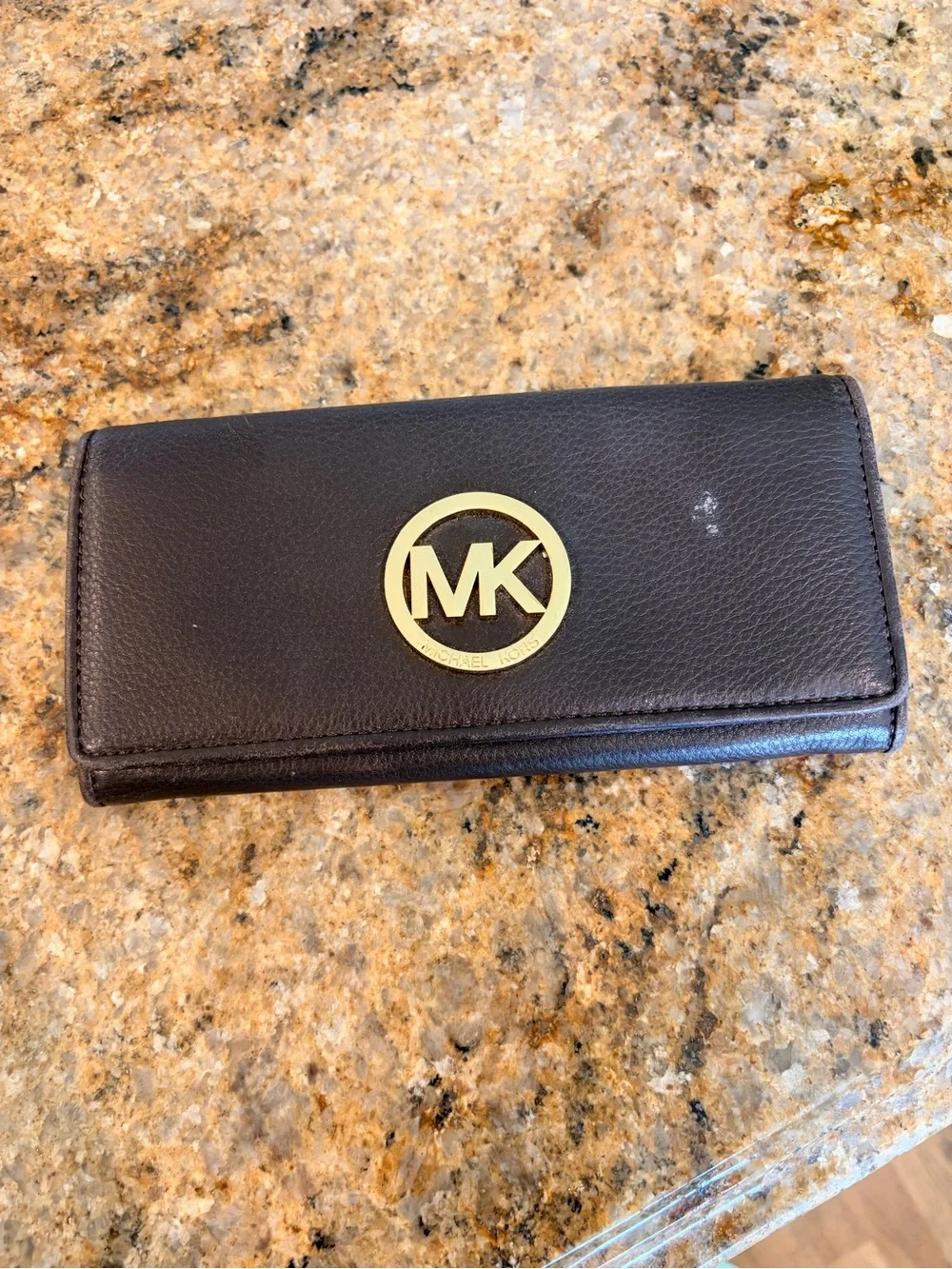Michael Kors Brown Leather Continental Wallet with Gold MK Emblem
